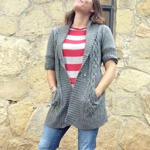 Gray Cabled short sleeve Wrap Sweater
